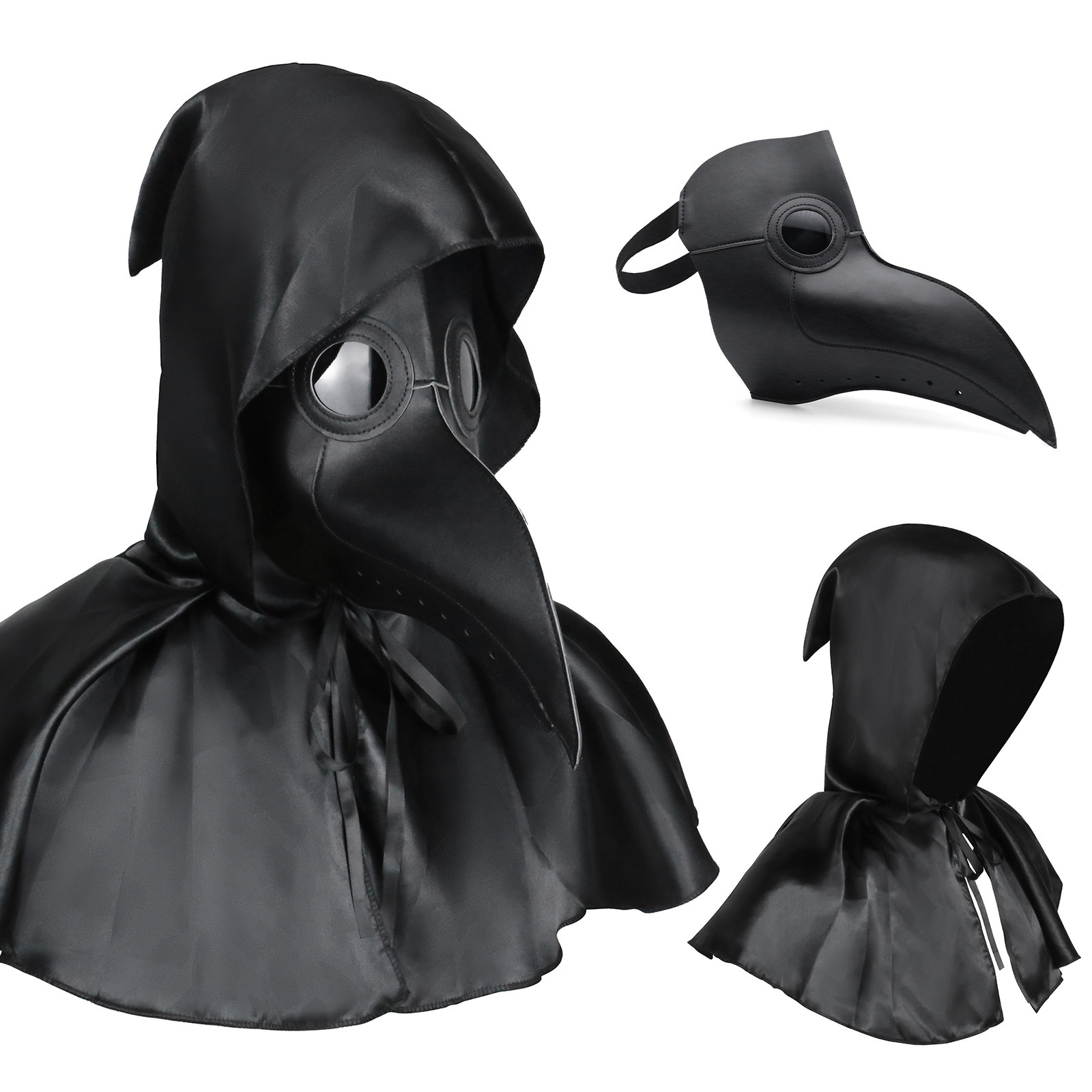 Noir (cape et chapeau de faucheuse + masque de docteur de la peste)