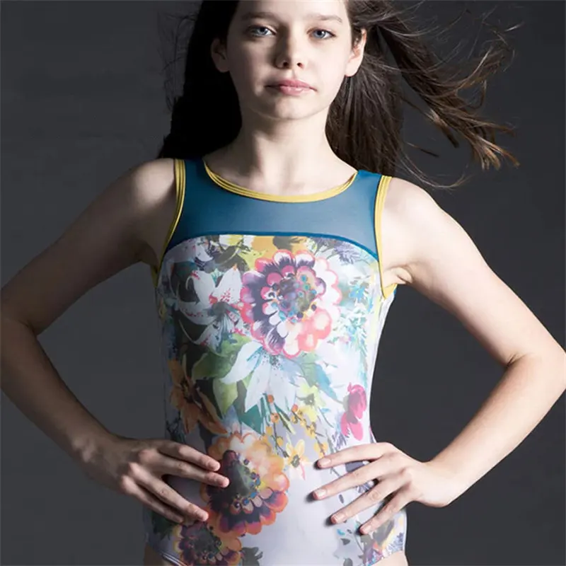 Ropa de gimnasia de rendimiento personalizada para niñas, trajes de baile con impresión Floral por sublimación, Ropa de baile de malla