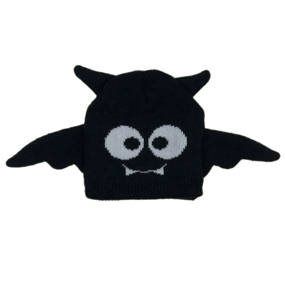 OEM unisex etichetta tessuta di alta qualità nero più caldo carino pipistrello ala cartone animato lavorato a maglia neonato acrilico personalizzato beanie cappelli
