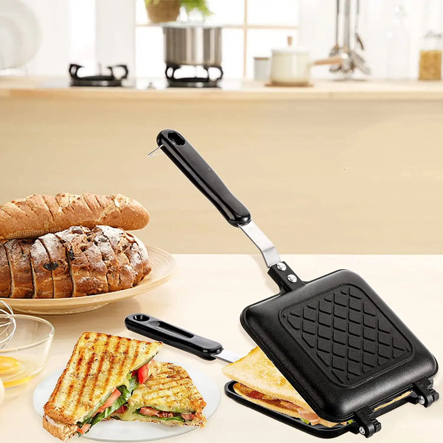 Sartén de doble cara Sandwich Maker Sandwich antiadherente a la parrilla y Panini Maker Pan con asa Sartén con tapa de aluminio