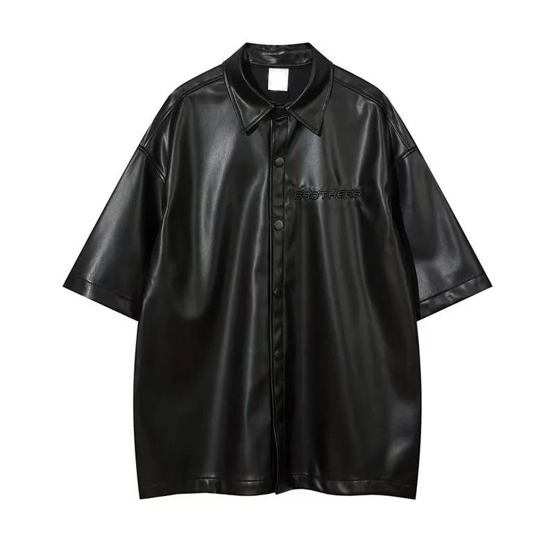 नई डिजाइन स्ट्रीट पु चमड़े की छोटी आस्तीन शर्ट पुरुषों की गर्मियों के ढीले लैपल कॉलर शर्ट हिप हॉप के लिए