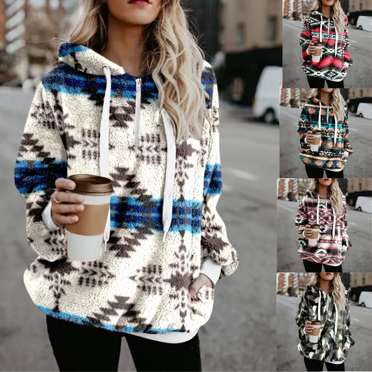 Harga Grosir Desain Kustom Atasan Terbaru Musim Gugur/Musim Dingin Gaya Nasional Dicetak Sweter Beludru Hoodie Aztec untuk Wanita