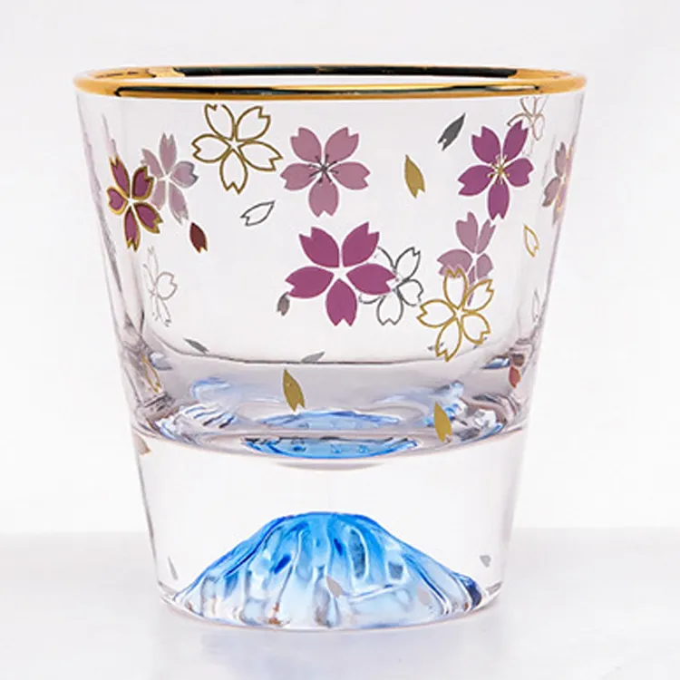 Soporte de vidrio para beber agua Fuji Bottom Sakura Printing Whisky Glasses Cup con borde dorado