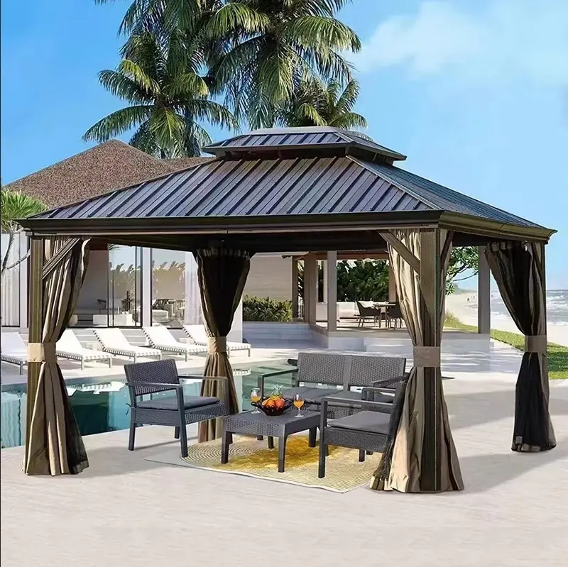 Pergola multifonctionnelle avec toit rigide pour patio, toit métallique imperméable, gazebos d'extérieur en aluminium