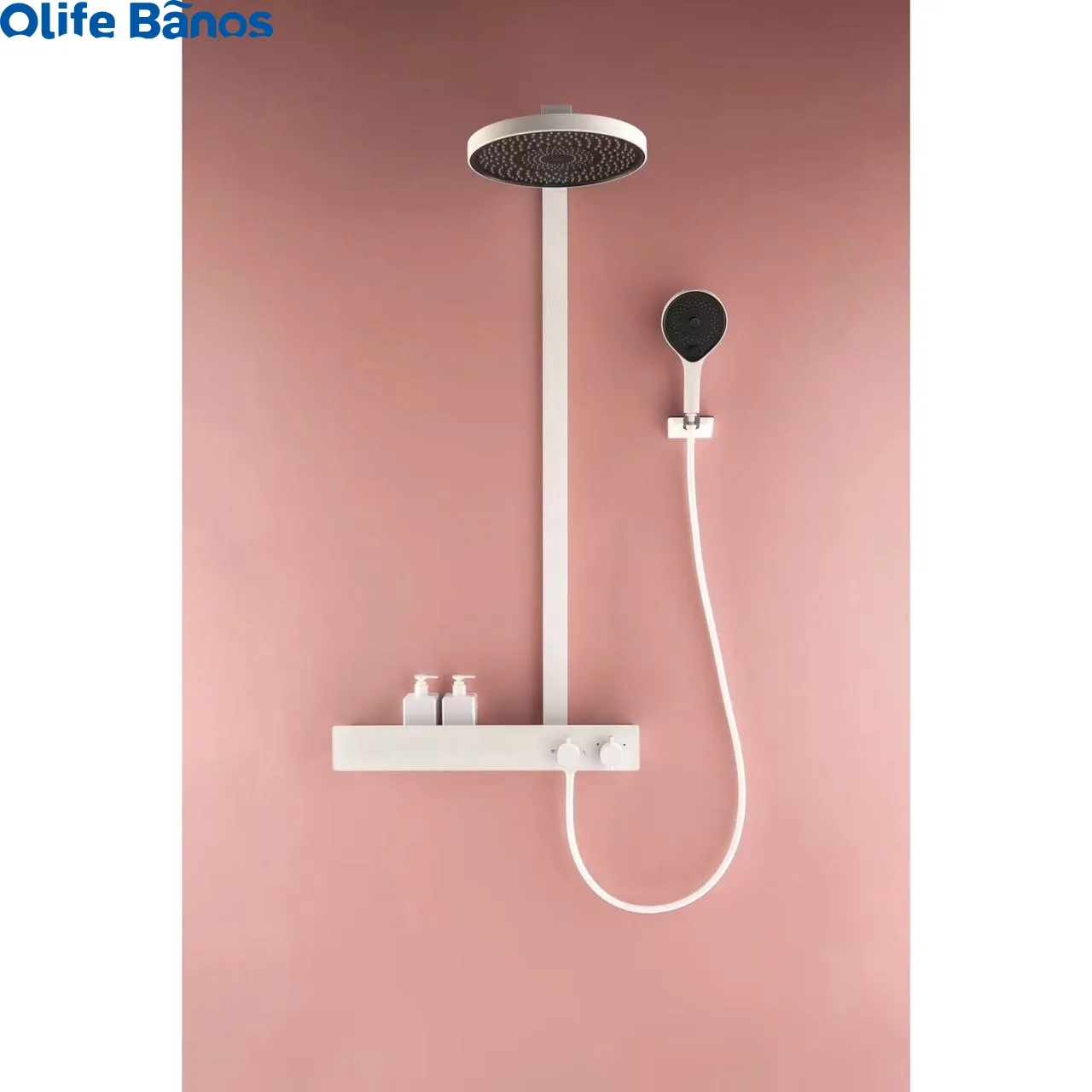 Olife banos trắng bạc treo tường Brass Bath hệ thống vòi tĩnh nhiệt vòi hoa sen Mixer vòi với Kệ lớn