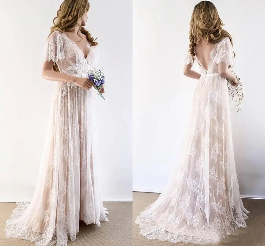 Short Bell Sleeve Bridal Chic V Neck Lace Vintage Backless Small Train Soft Tulle Wedding Dresses