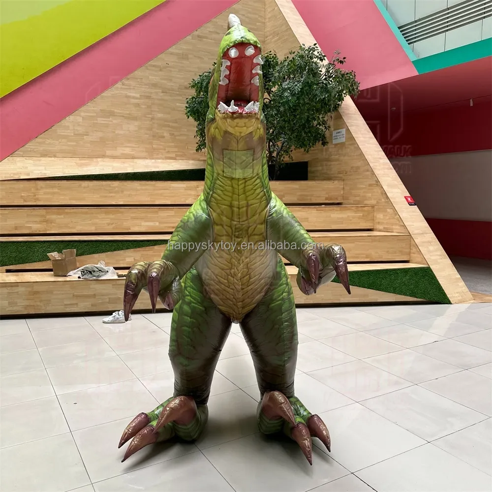 현실적인 녹색 키 큰 얇은 공룡 의상 나일론 부드러운 소재 사용자 정의 풍선 공룡 마스코트 의상