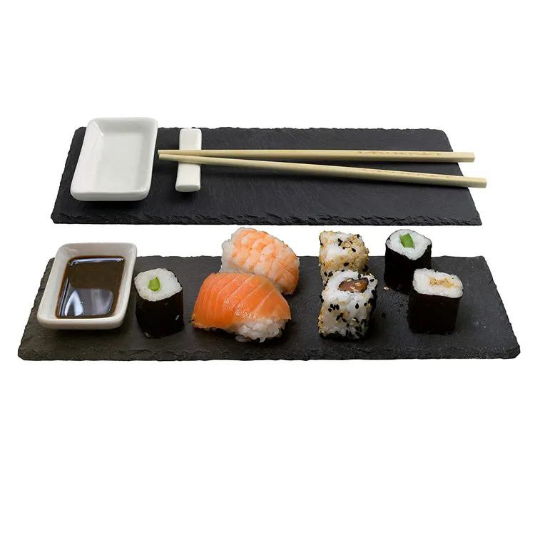 Plato de pizarra para Sushi con cuencos de inmersión, platos de pizarra con palillos, cuencos de inmersión, 10 Uds.
