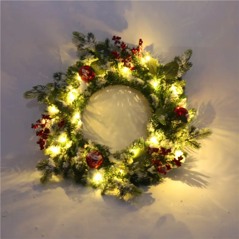 Grinaldas decorativas flocadas de 40 cm com luzes LED para decoração de paredes e portas, enfeites de Natal