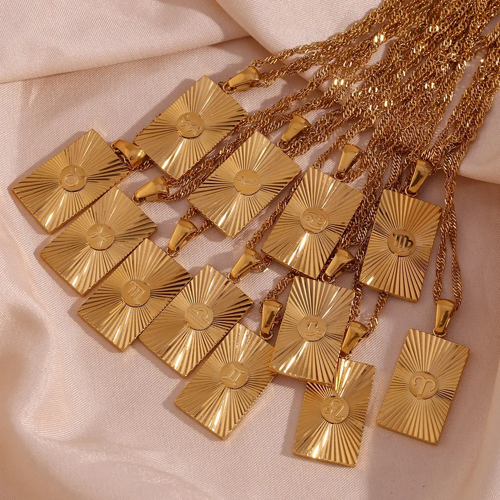 Collana con zodiaco Sunburst inciso alla moda collane con gioielli di moda in acciaio inossidabile placcato oro 18 carati