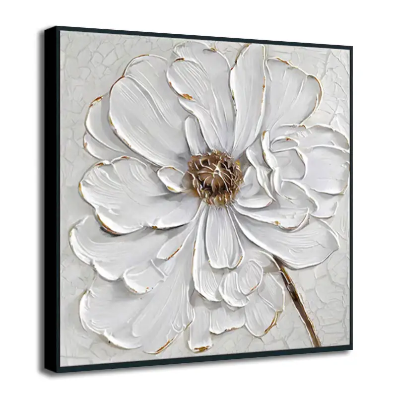 Orijinal sanat 100% el yapımı Modern altın doku tuval sanat soyut beyaz çiçek resimleri için ahşap çerçeve ile duvar sanatı