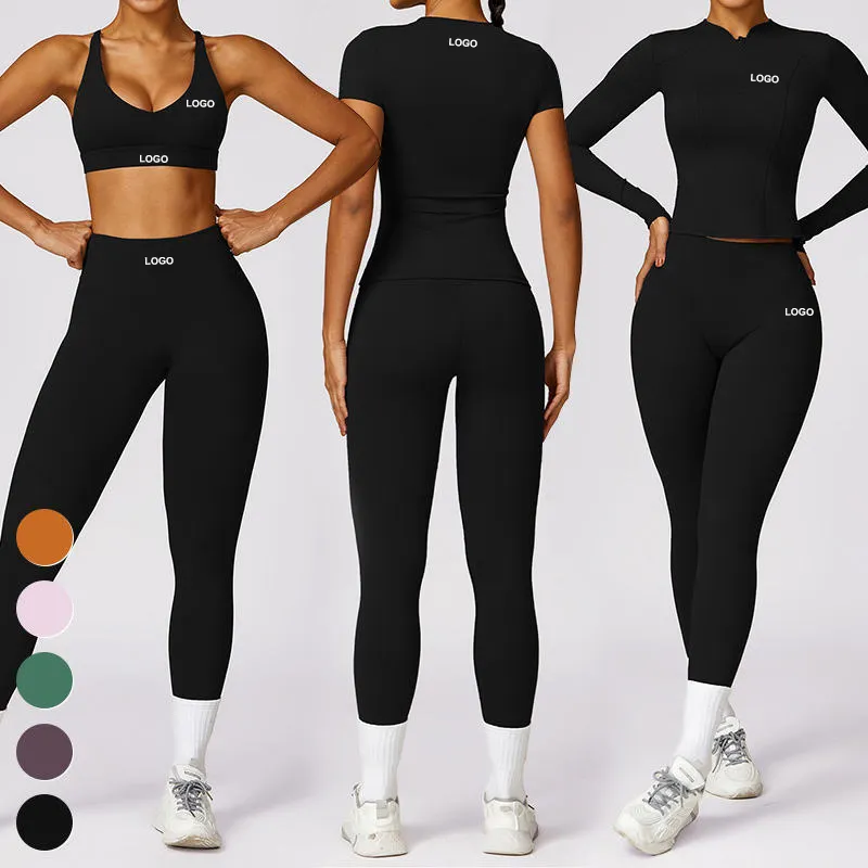 OEM ODM 2024 Sujetador deportivo camiseta ropa 4 piezas Leggings trajes correr Fitness conjunto Yoga traje gimnasio Fitness conjuntos mujeres Yoga conjunto