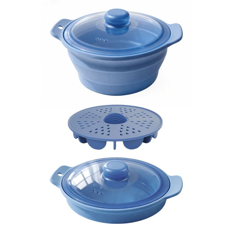 Round dark blue steamer basket-foldable steamer
