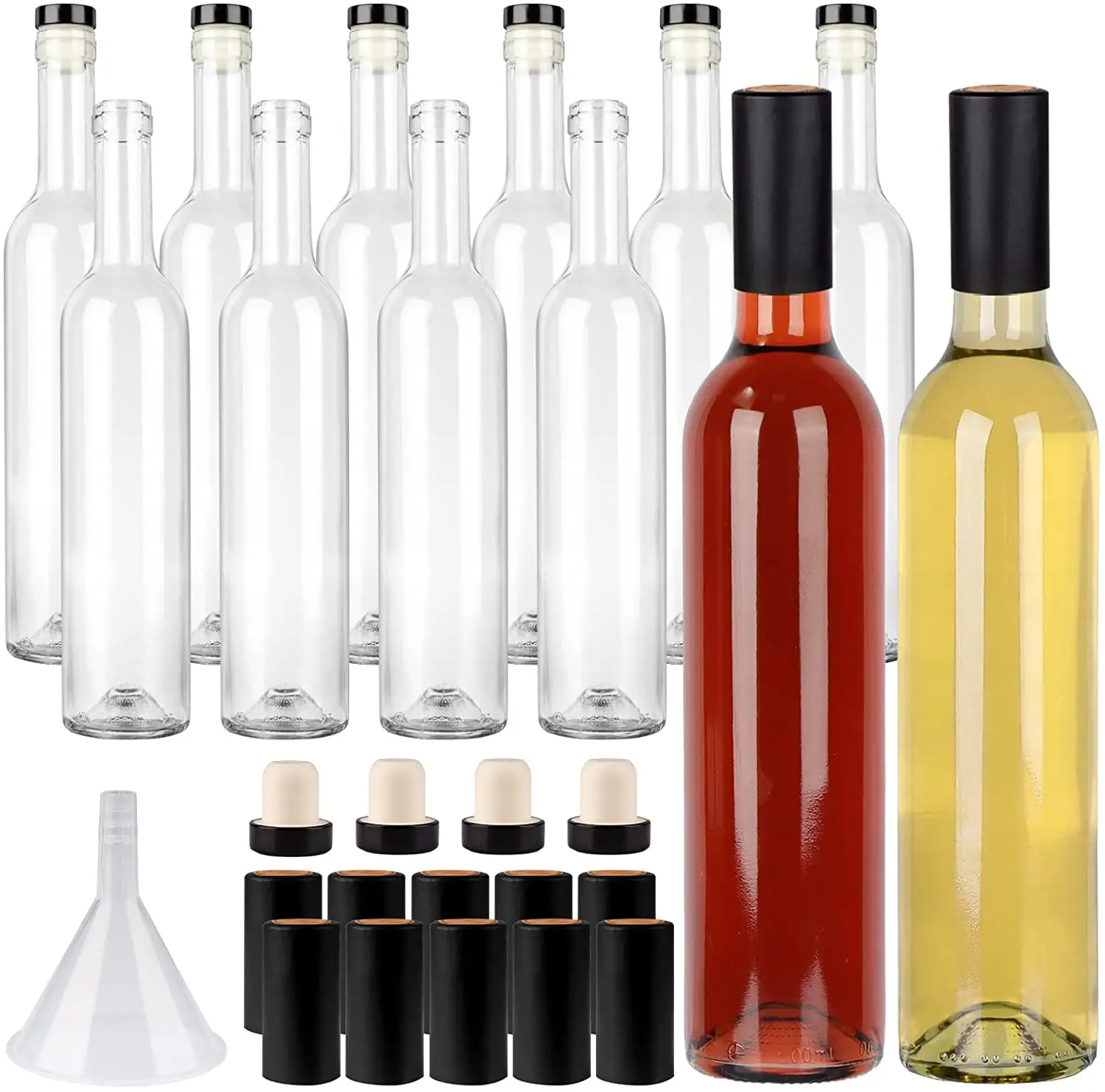 Botellas de vidrio transparente de 16oz con tapas de corcho y cápsulas retráctiles de PVC, botellas de vino vacías con embudo, 500ml