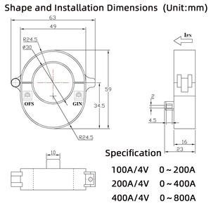 Sensor de corriente de efecto Hall de alta precisión TR Entrada 0-400A Salida 0-4V Medición de CA o CC - Product Image 3