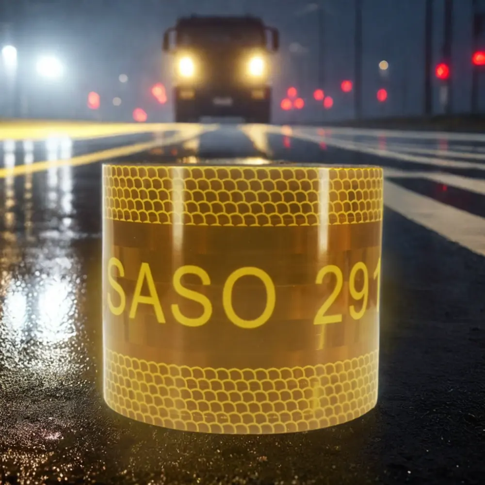 Saudi Arabic Market Custom PET Metalized 50mm Conspicuous Hi Vis Yellow Saso 2913 Reflective Tape For Vehicles Trucks Safety