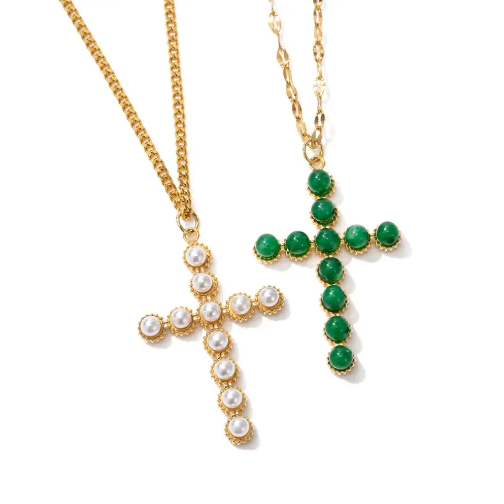 Gioielli Vintage 18K PVD placcato oro croce collana in acciaio inox bianco perla verde pietra collana pendente