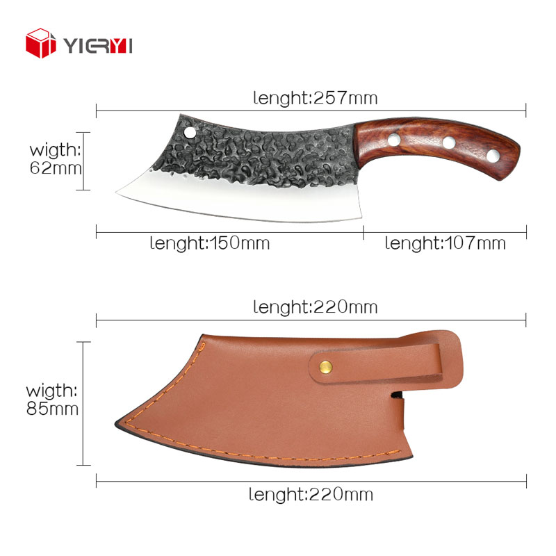 Cuchillo de carnicero marrón con funda de cuero.