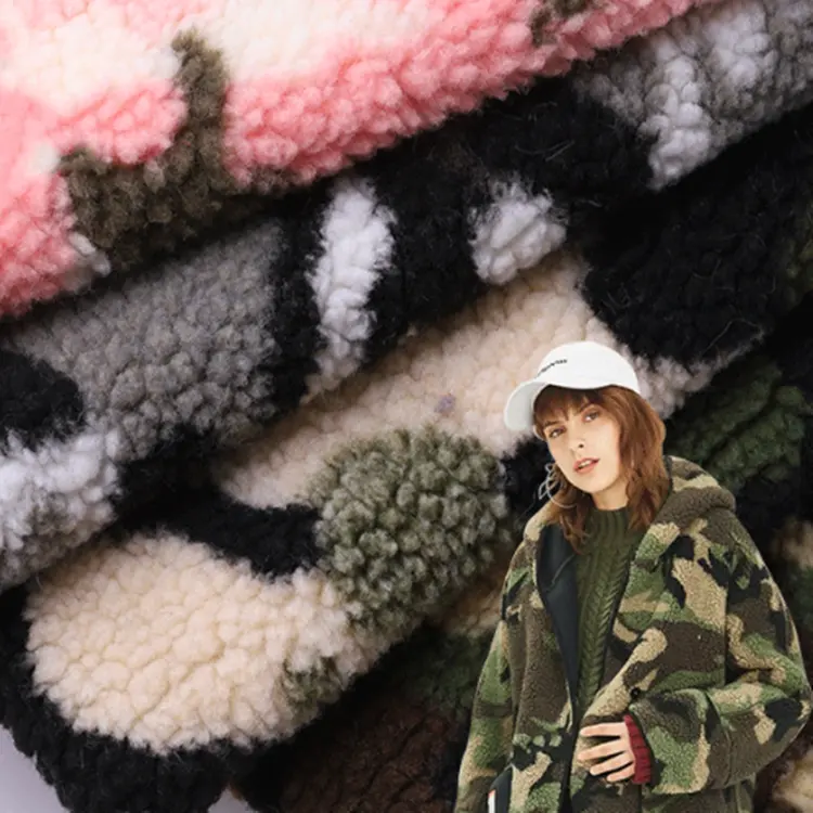 Camouflage Stijl Faux Bont Lam Sherpa Fleece Stof 100Ppolyester Camouflage Print Fleece Stof