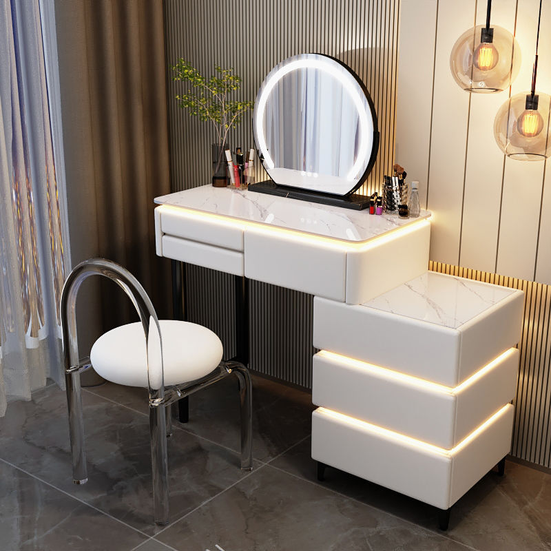 Taburete acrílico con espejo y gabinete de mesa blanco de 80 cm