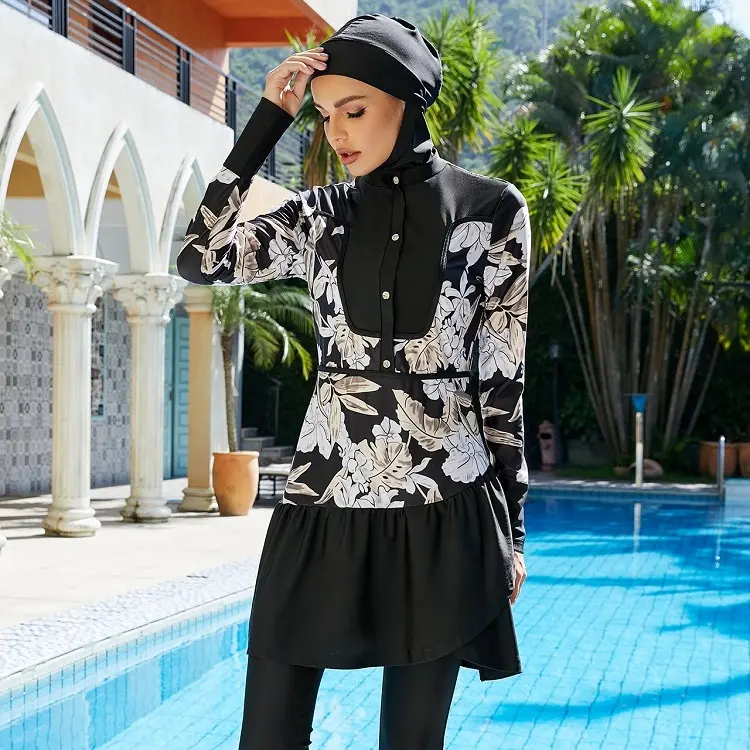 الجملة burkinis ملابس سباحة إسلامية النساء 3 قطعة الأزهار طباعة أنيقة الإسلامية لباس سباحة لسيدة