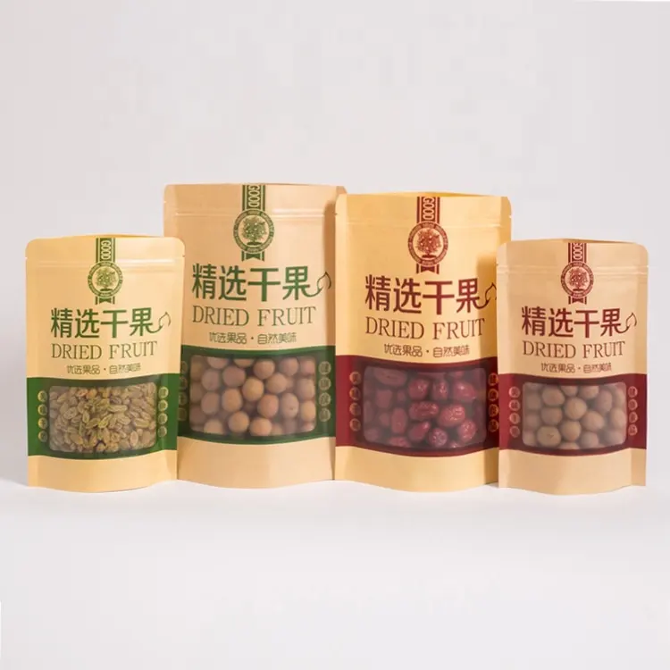 eco friendly customized printed color resealable self zipper nuts dry food stand up kraft paper bags with window