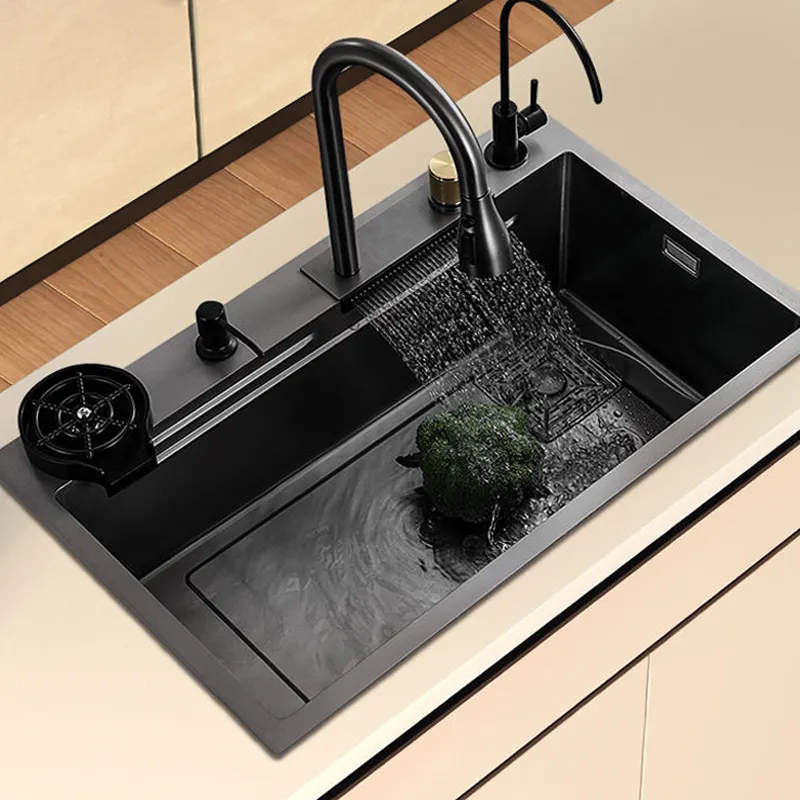 อ่างล้างจานนาโน SUS,ก๊อกน้ำสำหรับห้องครัวน้ำตกสีดำแบบติดกับเคาน์เตอร์