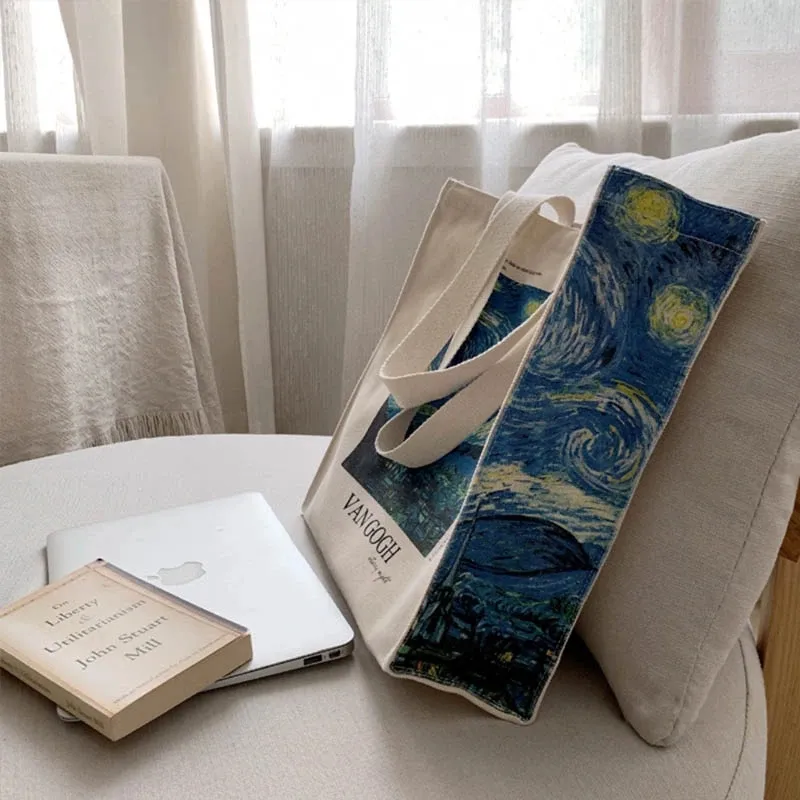 Şiir Lifest Van Gogh yıldızlı gökyüzü kalın pamuk kanvas çanta popüler tarzı fermuar tek omuz çantası sepet alışveriş çantası