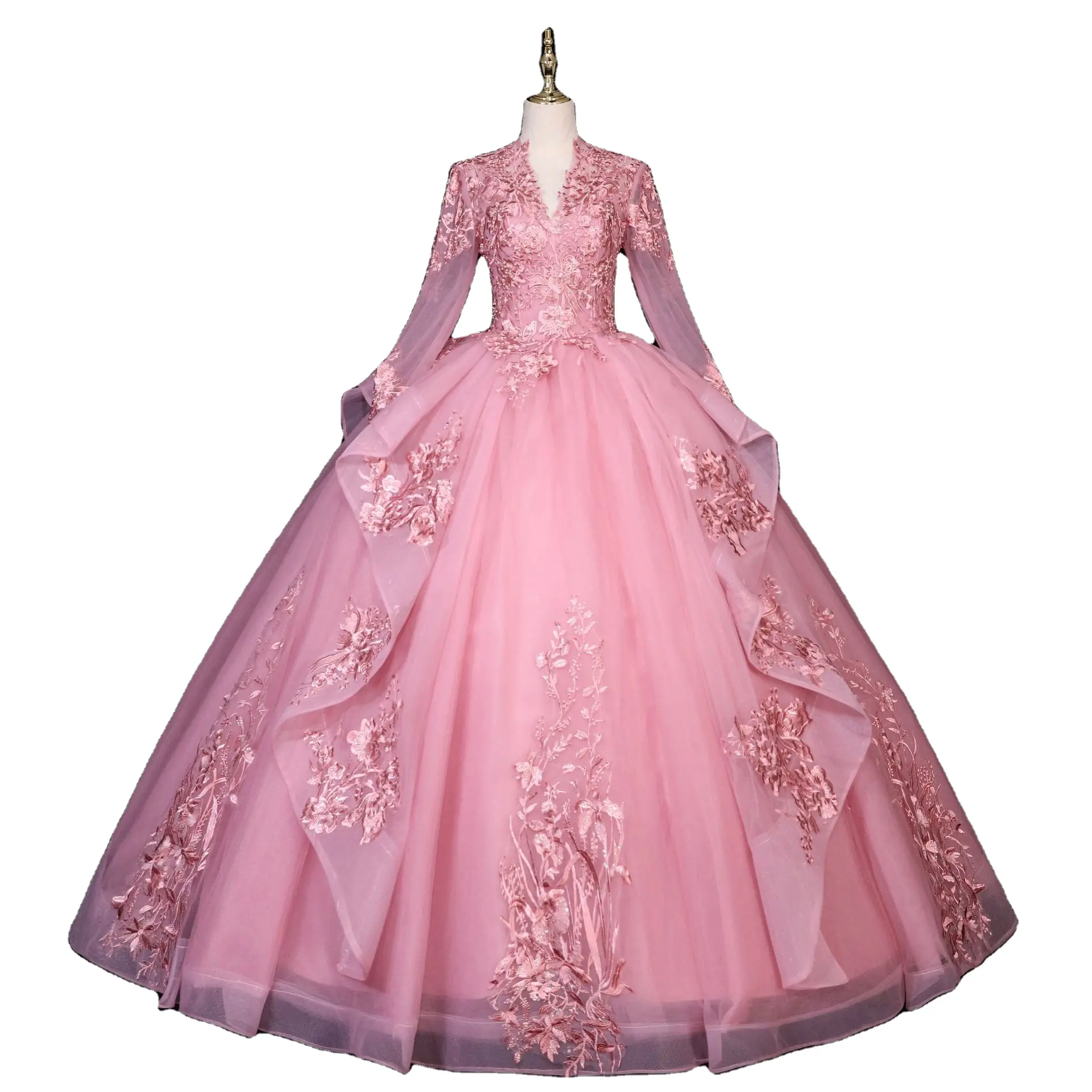 Modest Princess Ball Gown Formal Evening Prom Gowns Long Sleeves Quinceanera Dresses for Girls