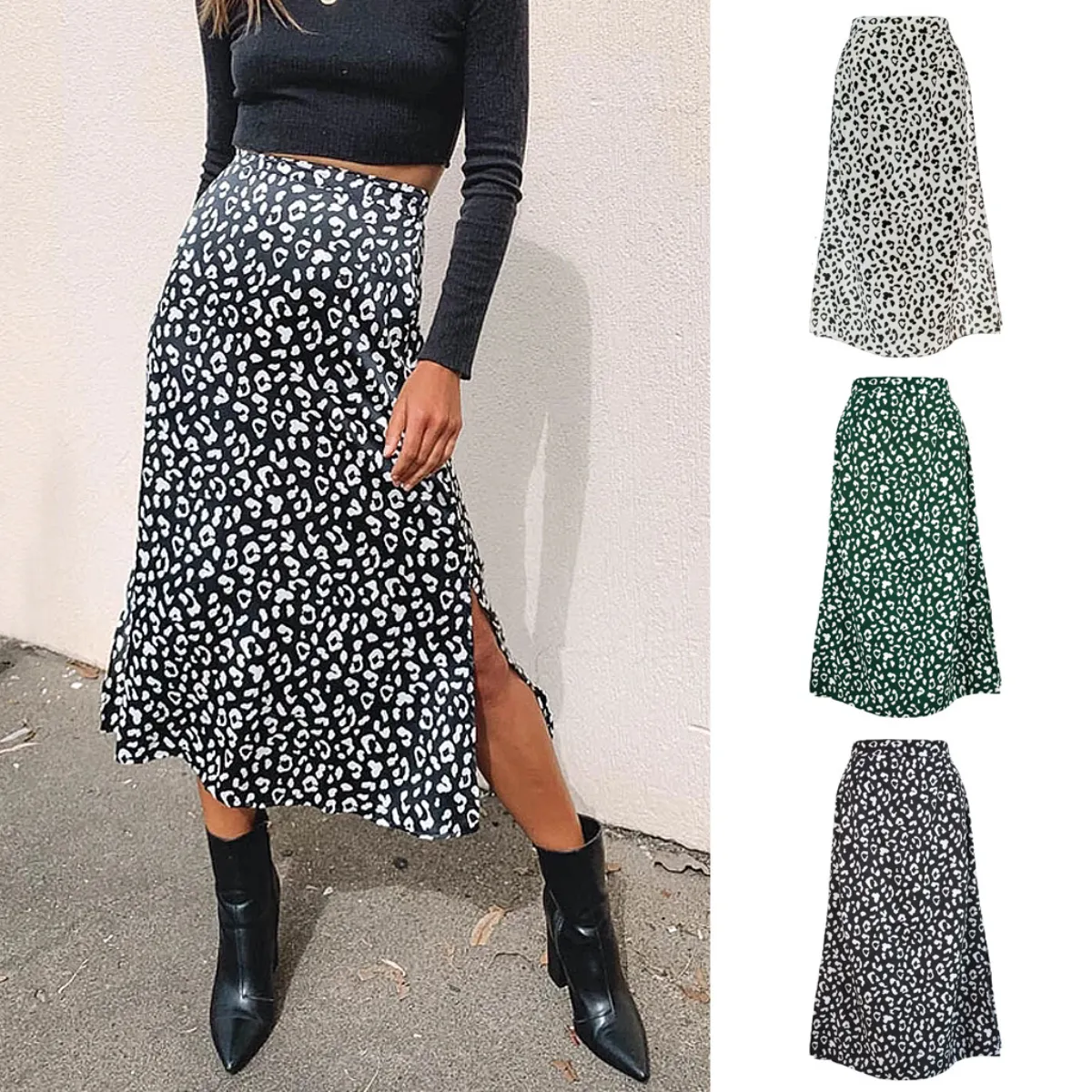 Ying Tang Saias estampadas femininas com estampa de leopardo de cintura alta, saias longas de chiffon midi com fenda para mulheres