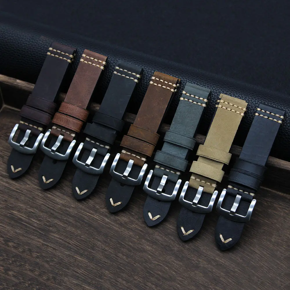 Top 10 Watch Band Factory Custom Logo Handmade Thread For Vintage Luxury Penarai Leather Watch Strap 20mm 22mm 24mm
