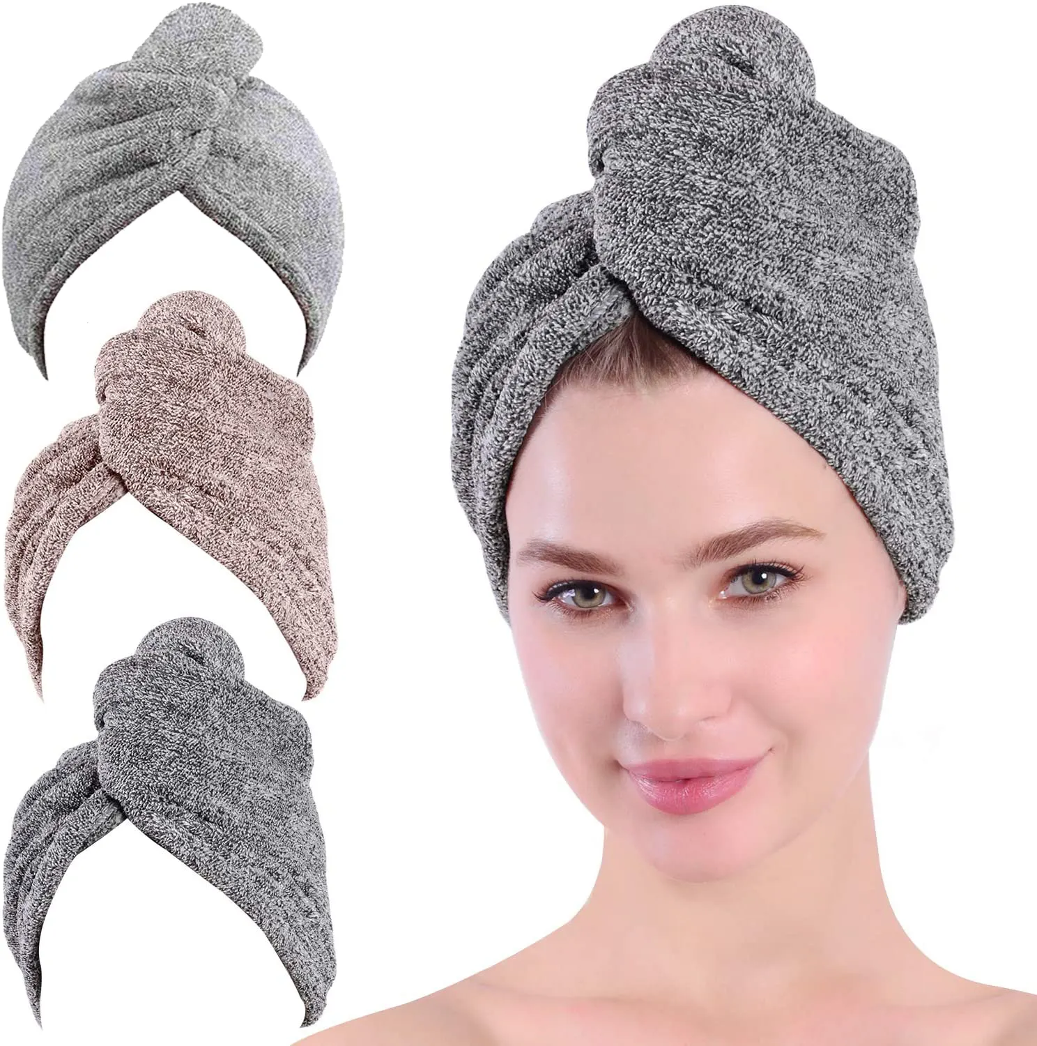Полотенце для волос из микрофибры, полотенце для волос из бамбука, тюрбан с пуговицами, быстросохнущие полотенца для волос для женщин