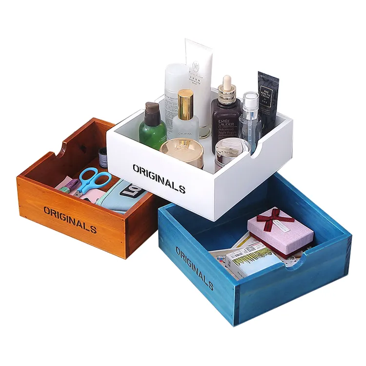 Cajas organizadoras de madera vintage caja de almacenamiento de cosméticos de madera cuadrada de escritorio