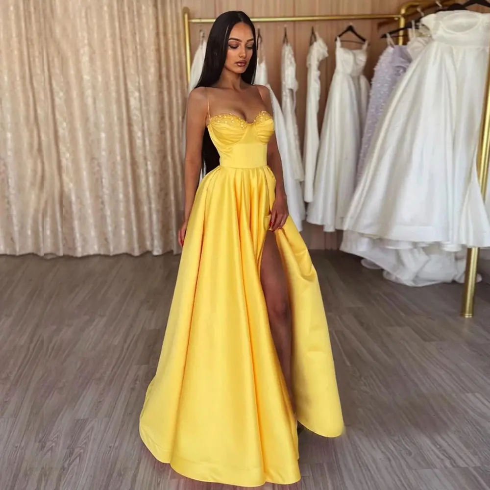 2023 robe de mariée romantique jaune col en V profond longue jambe haute fendue robes de soirée sexy