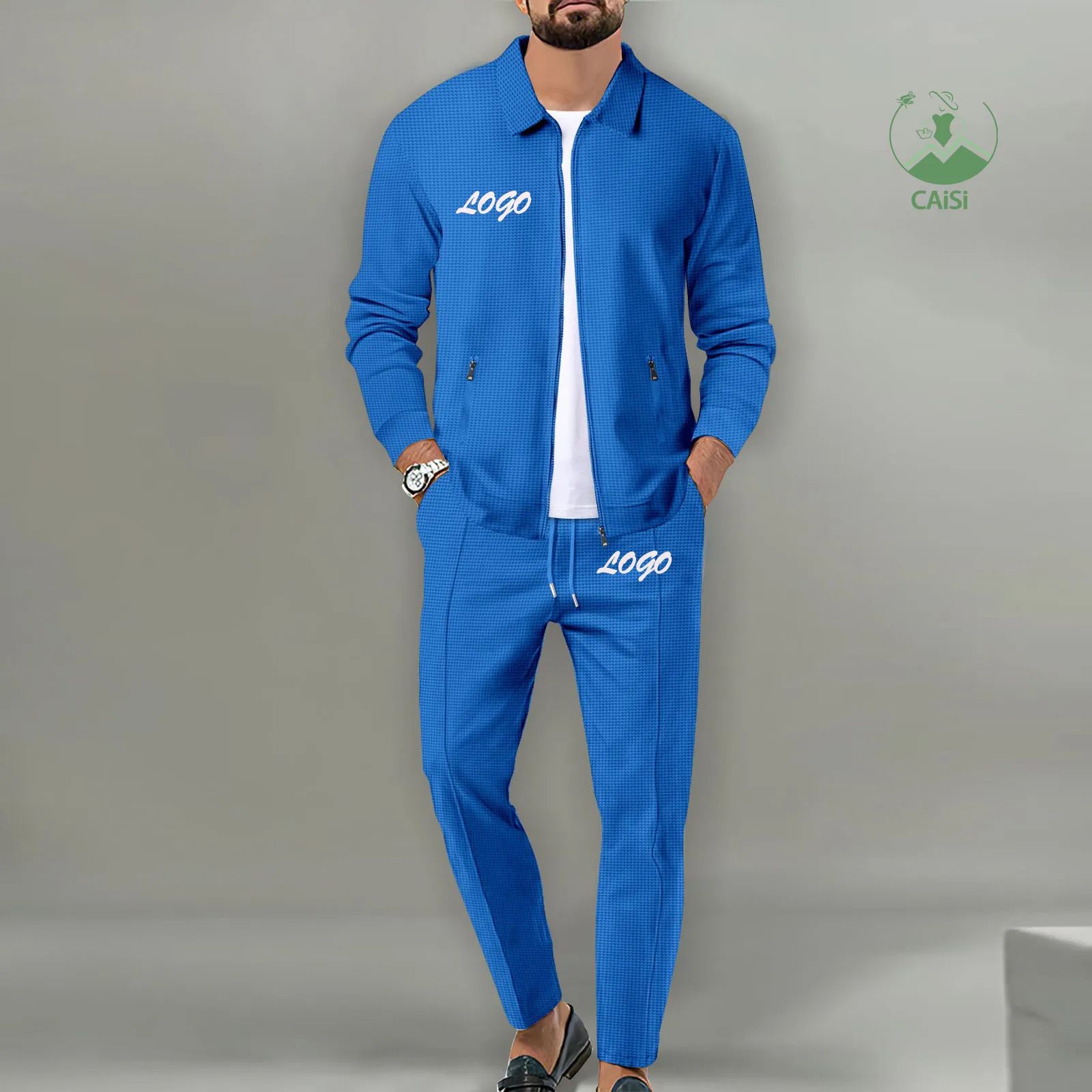 Set di abbigliamento sportivo Casual da uomo tute da ginnastica con risvolto a maniche lunghe giacca da lavoro Waffle Set di tute