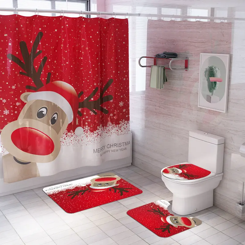 2020 bonito natal 3d impresso conjuntos de banheiro de poliéster personalizado com cortina de chuveiro e tapete