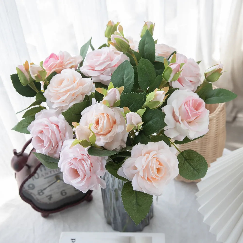 Venda quente Flor Artificial Tecido Rose Única Stem Uma Cabeça E Um Bud Para Fontes Do Casamento