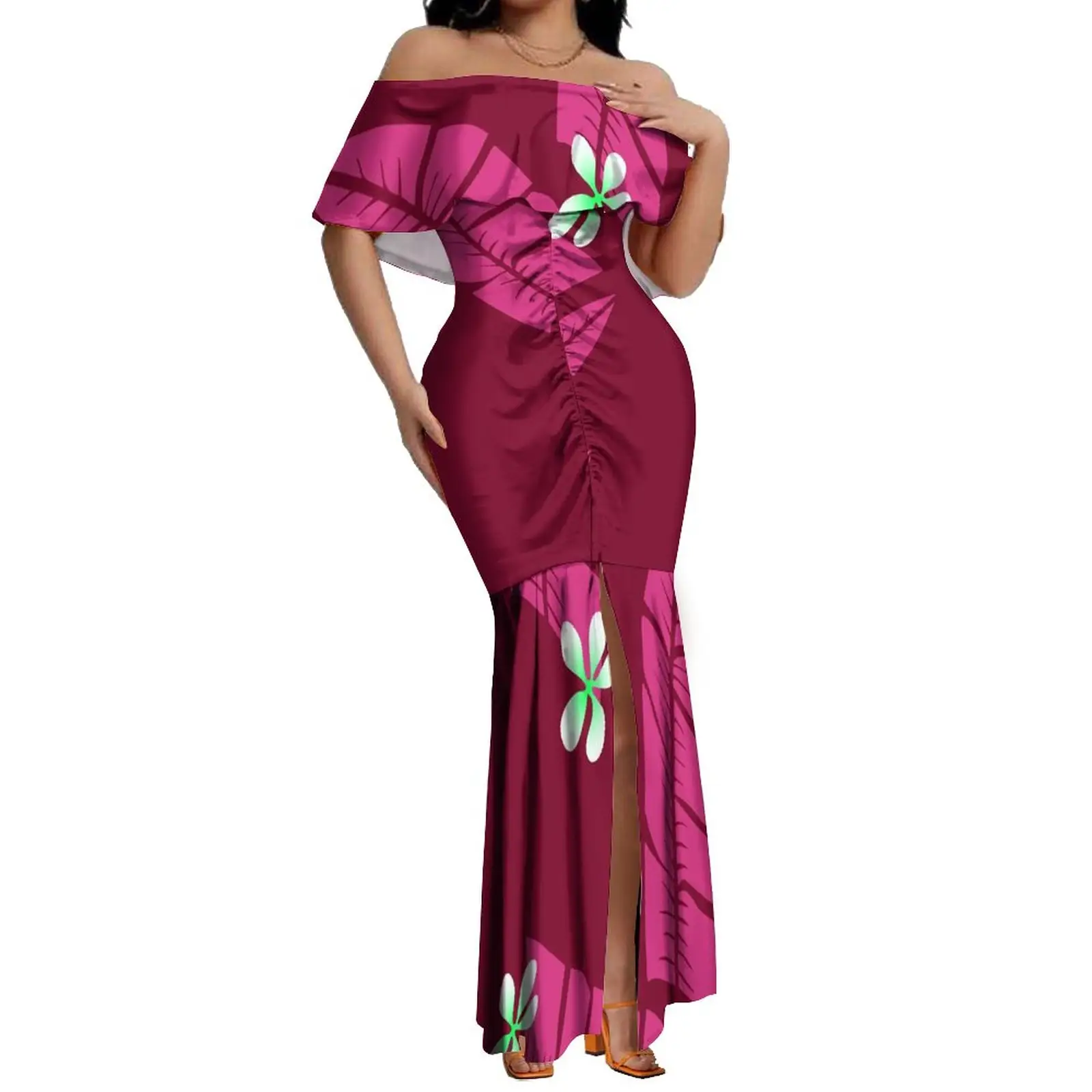 Robe sirène fendue à volants et épaules dénudées pour femme, tenue à queue de poisson, imprimé HD, île du pacifique rouge