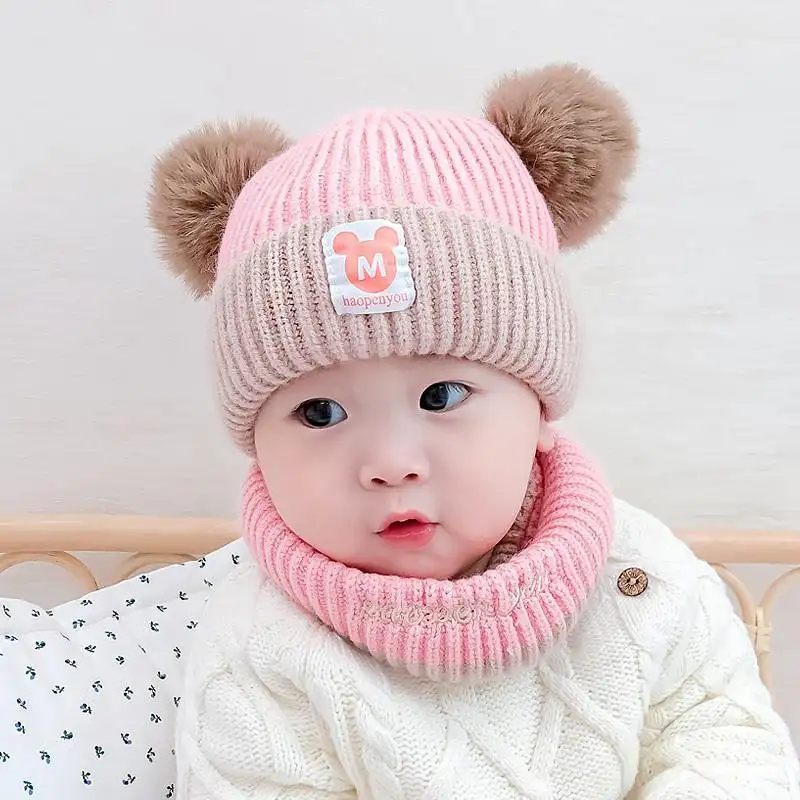 Bonnet froid pour bébé pour garçons et filles ensembles d'écharpes chaudes pour enfants casquettes OEM automne hiver dôme double boule de poils chapeaux en peluche tricotés