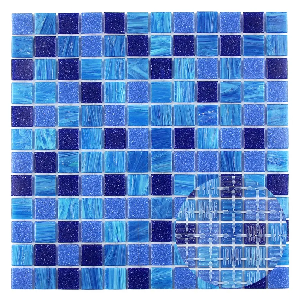 Neue Trends Punkt kleber montiert Hot Melt Blue Irides cent Swimming Pool Fliesen Glasmosaik für Badezimmer Wand und Küche Backs plash