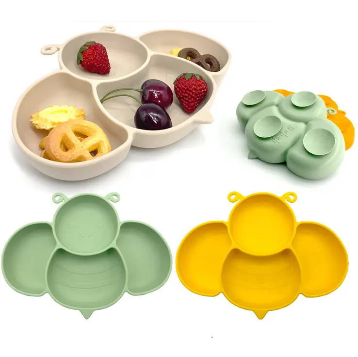 YIZHI Cartoon Bee Shape Eco-friendly Silicone Baby Plate com Forte Sucção Não-Slip Silicone Kids Toddler Baby Suction Plates