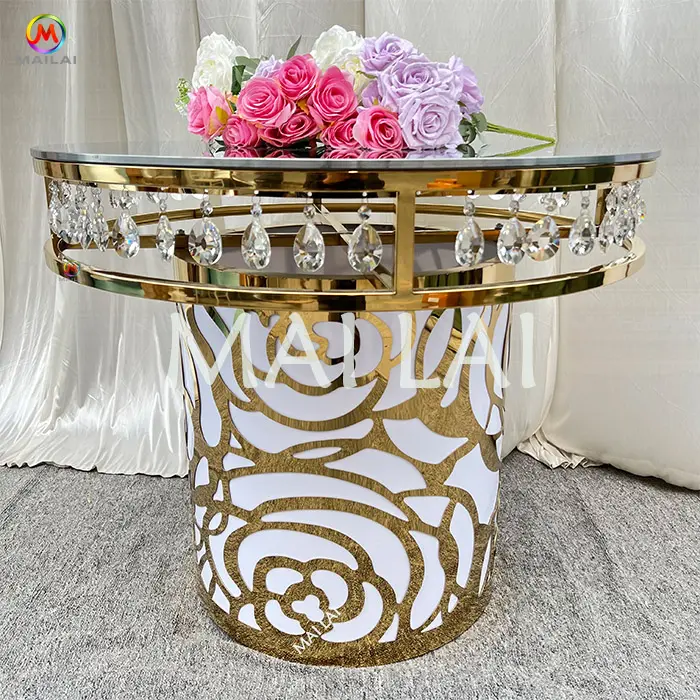 Factory Direct Sale Rose Pattern Stainless Steel Crystal PVC Cake Table for Fancy Wedding Party Decoration