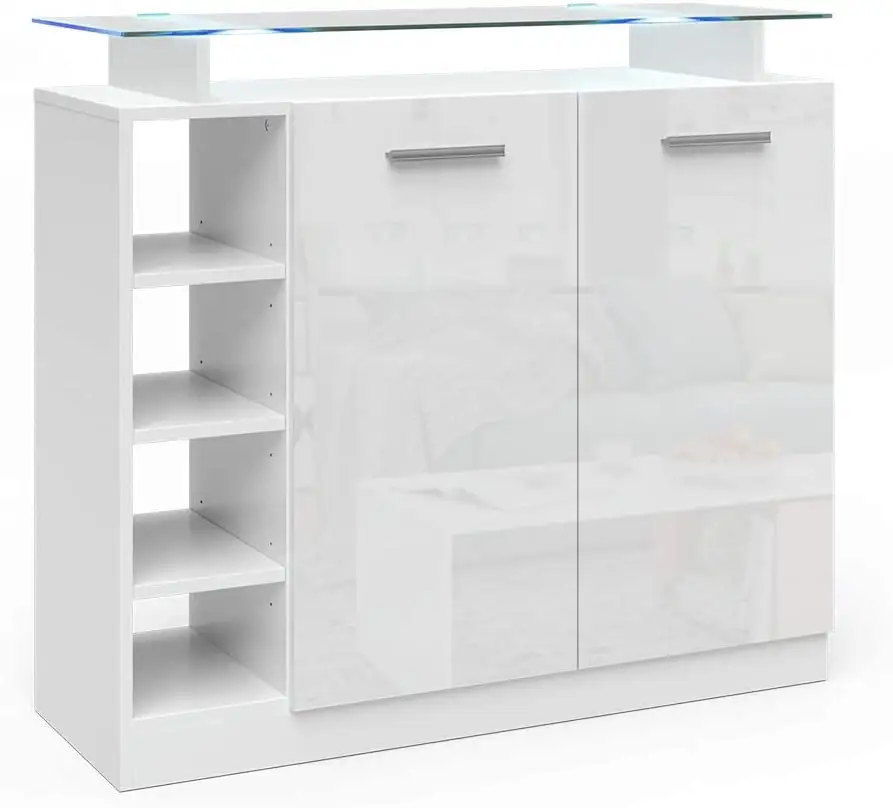 Beyaz basit tasarım parlak büfe LED aydınlatma cam raf oturma odası mobilya için kapılar ile