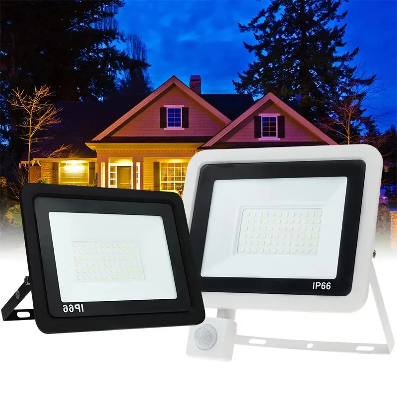 LED PIR 모션 센서 투광 조명 10W 20W 30W 50W 100W 야외 벽 220V 방수 IP66 흰색 또는 검은 색 정원 거리 스포트 라이트