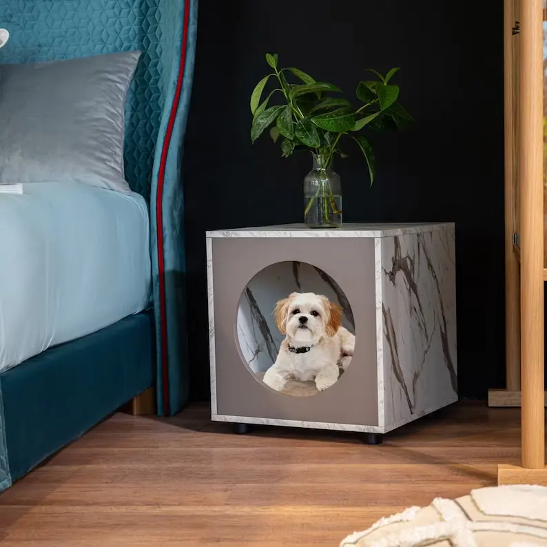 Hölzerne Hundehütte Hunde box für kleine und mittlere Rassen Weißer Marmor Indoor Dog Cat House
