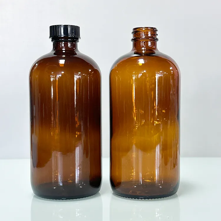 Botella Boston de vidrio ámbar con tapa de plástico negra, botella de vidrio de 1oz 2oz 4oz 8oz 16oz 32oz 250ml 500ml
