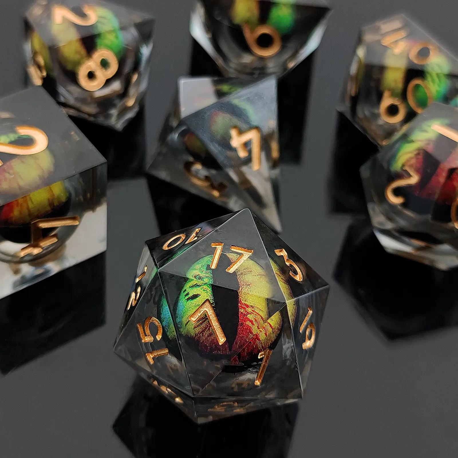 Factory Price Dark Night Green Liquid Core Eye dnd Dice set for Dungeons And Dragons DND