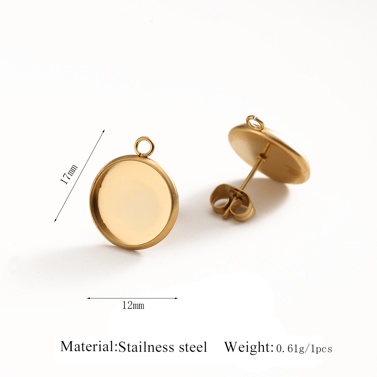 Boucles d'oreilles plateau 12mm parallèles à l'anneau-plaque d'oreille dorée