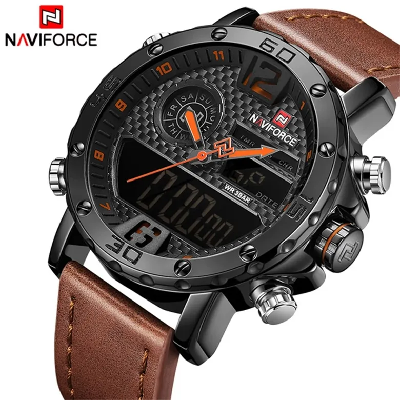 Naviforce 9134 2024 relógios masculinos de marca de luxo relógio esportivo de couro quartzo LED digital 2023 relógio de pulso