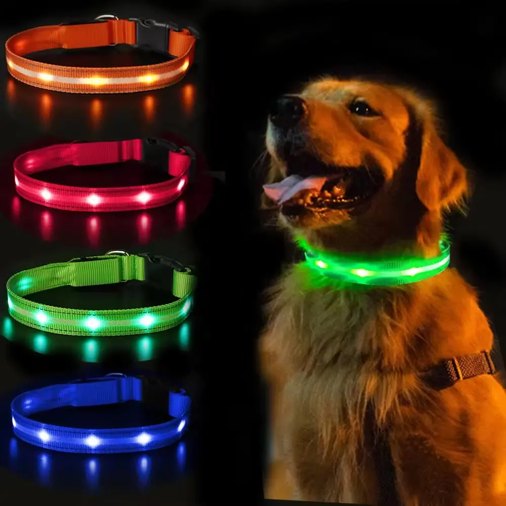 Coleiras ajustáveis de poliéster para animais de estimação, luzes LED que brilham à noite, colar luminoso e intermitente para cachorros, gatos e filhotes, acessórios para animais de estimação